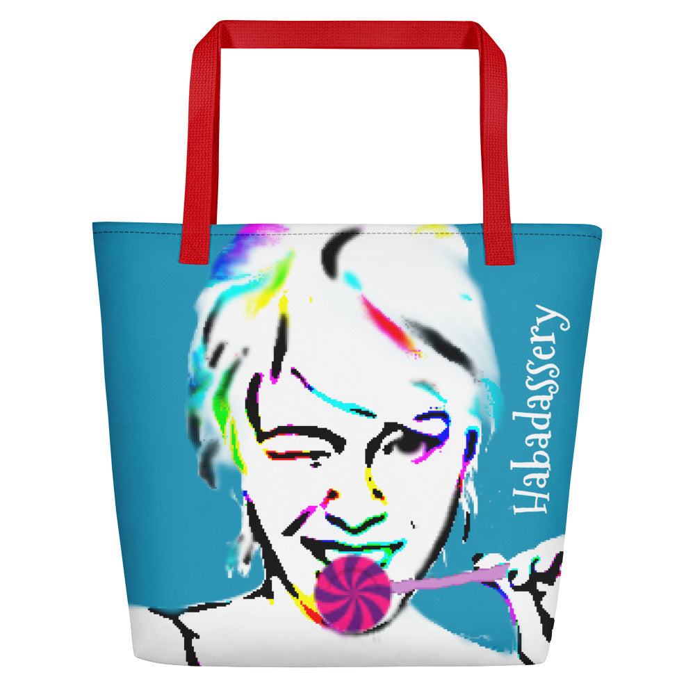 Image of turquoise tote bag by Habadassery with red cotton web handles. Tote bag shows art drawing of girl winking with a purple and pink lollipop.