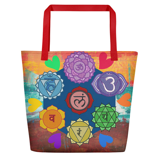Image of multi-colored tote bag with 7 chakra symbols