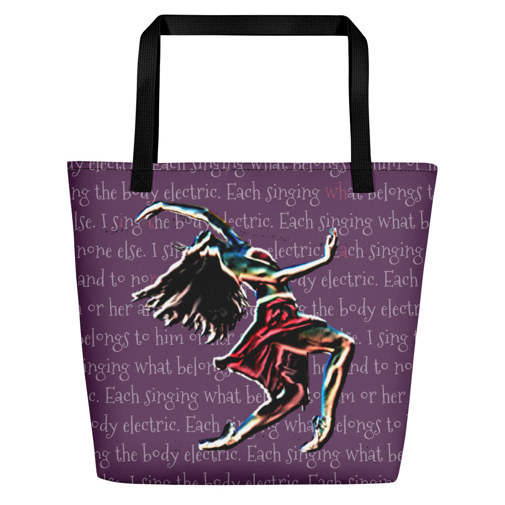 Image of Body Electric tote bag by Habadassery. Tote bag is purple background with text from Walt Whitman's poem with a dancer in neon colors on the foreground.