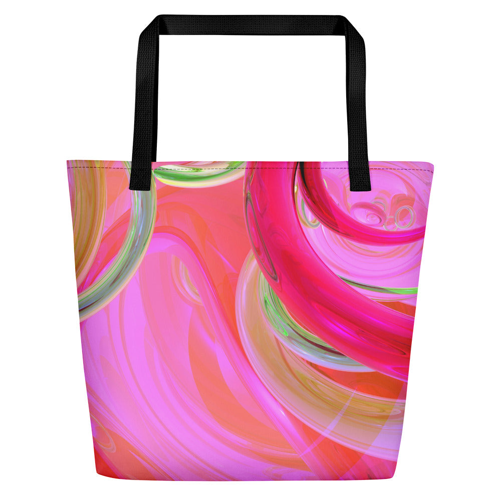 Image of bright pink, orange, and green abstract design with black cotton web handles.